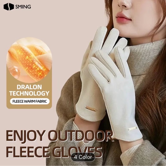Saint Ming Warm Beige Velvet Fleece-Lined Touchscreen Windproof Winter Gloves - Picture 6 of 12